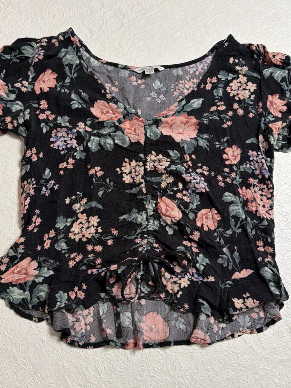 American Eagle Outfitters Black Floral Ruched Tie-Front Top